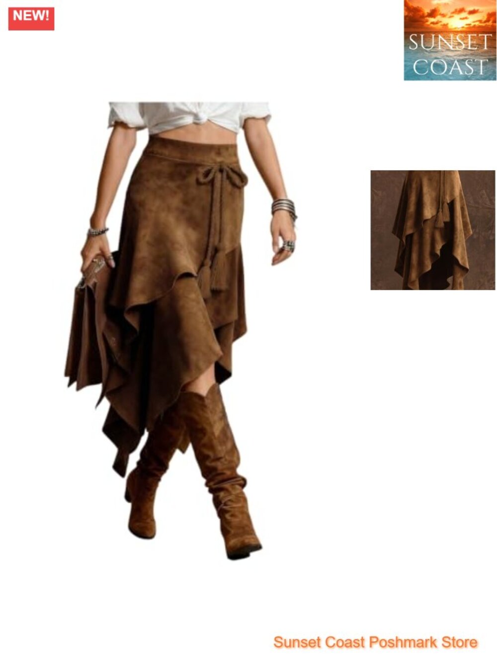 Faux Suede Layered Ruffle Asymmetrical Bow Flowy Midi Skirt